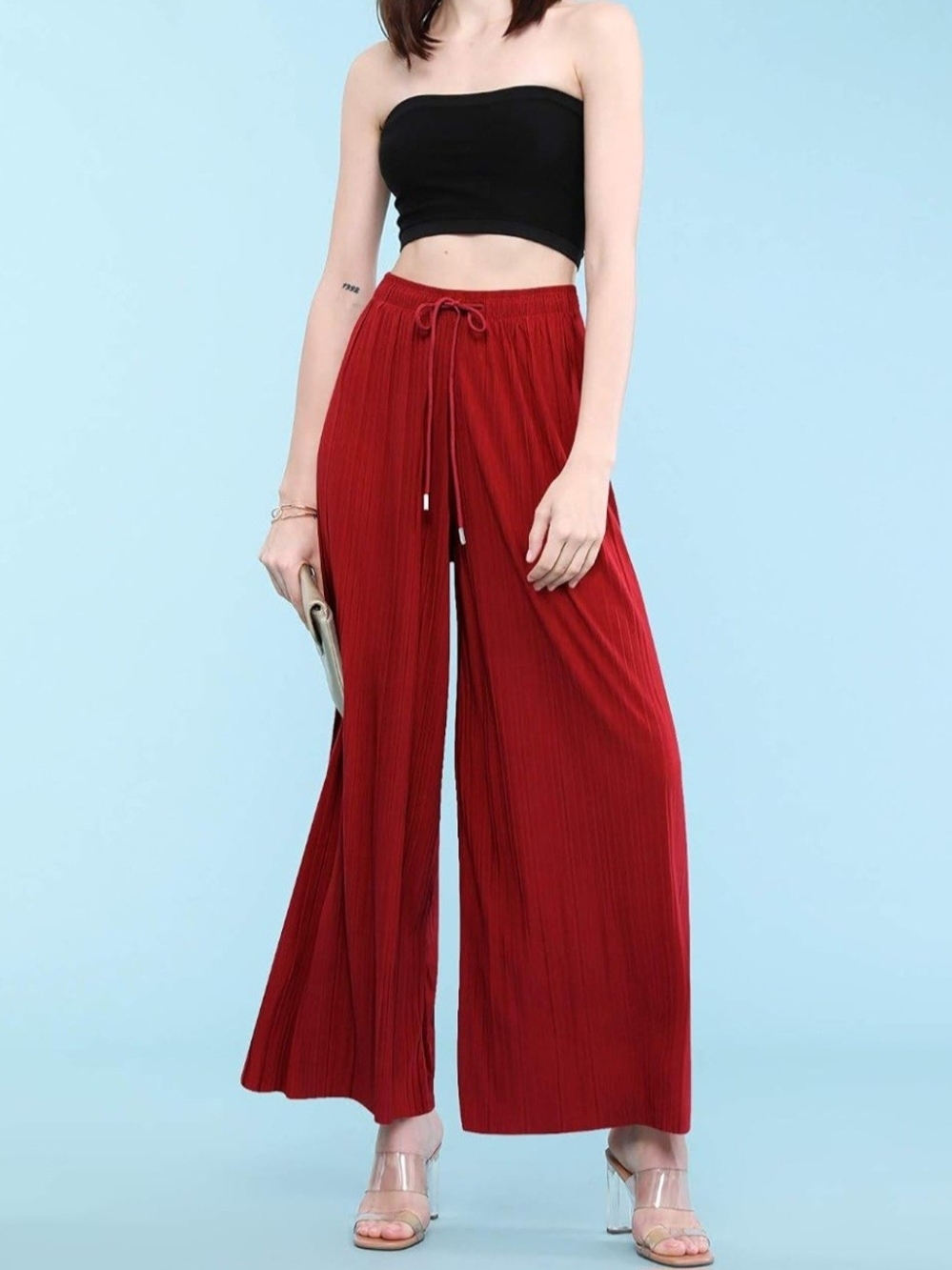 Wide-Leg Drawstring Pants in Deep Red